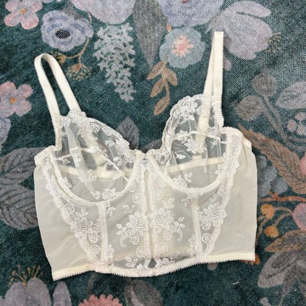 Ralph Lauren Vintage Bustier Bra Size 34C Cream White Floral Lace Corset Style
